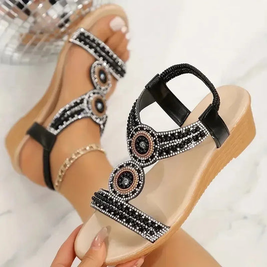 Sandales compensées ornées de strass pour femmes - Talons à lanières ornés