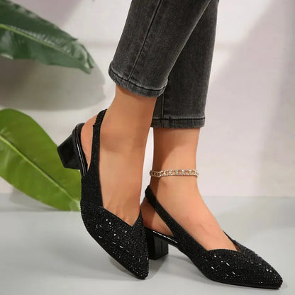 Women’s Glitter Slingback Heels - Pointed Toe Block Heel Pumps