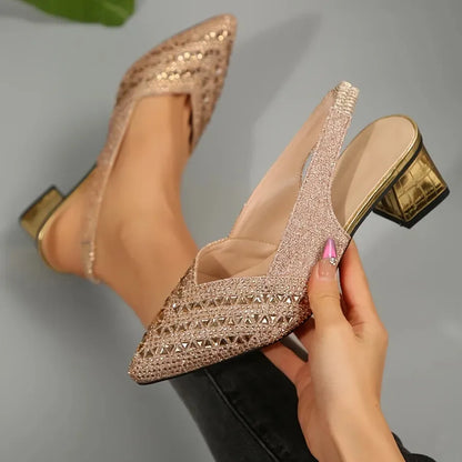 Women’s Glitter Slingback Heels - Pointed Toe Block Heel Pumps