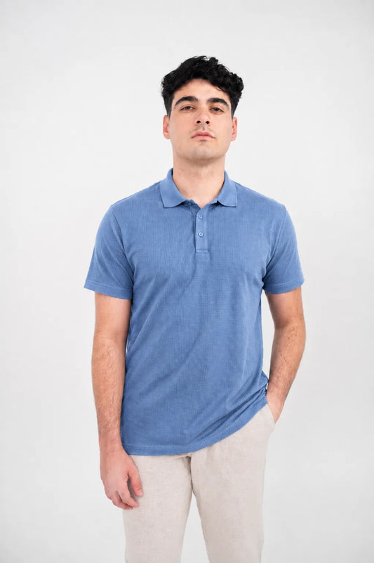 Polo pour homme texturé gaufré premium - Bleu côtier