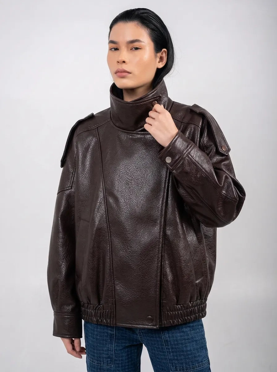 Ellor Oversized Moto Jacket – Burgundy