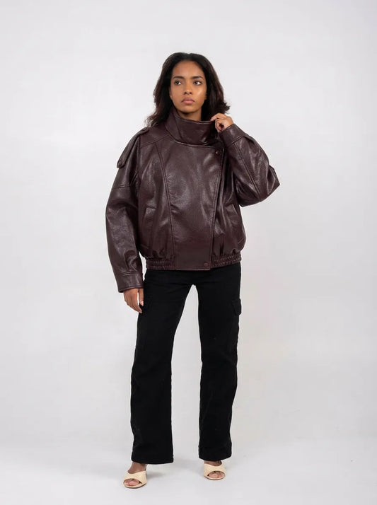 Blouson oversize moto Ellor – Terre d'ombre brûlée
