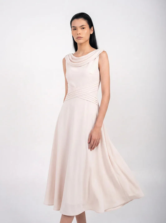 Robe midi Ellor à col bénitier – Rose poudré