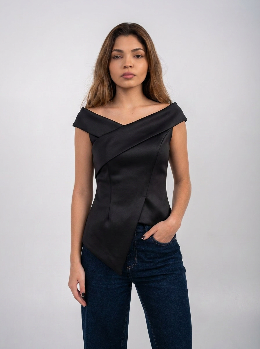 Ellor Asymmetric Peplum Top – Jet Black